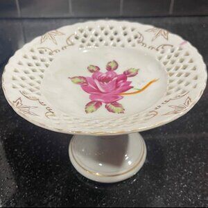Vintage Floral Lattice Edge Porcelain Pedestal Tea Cake Plate 6.5”